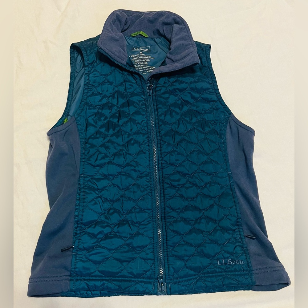 L.L. Bean Teal Quilted Vest with Navy Fleece Trim